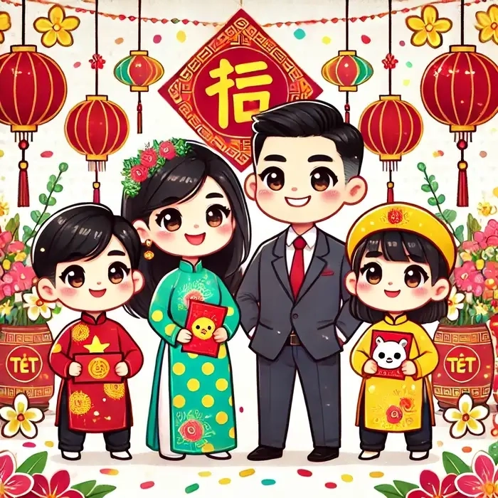 Lưu giữ kỷ niệm Tết với ảnh gia đình tết chibi ấm áp