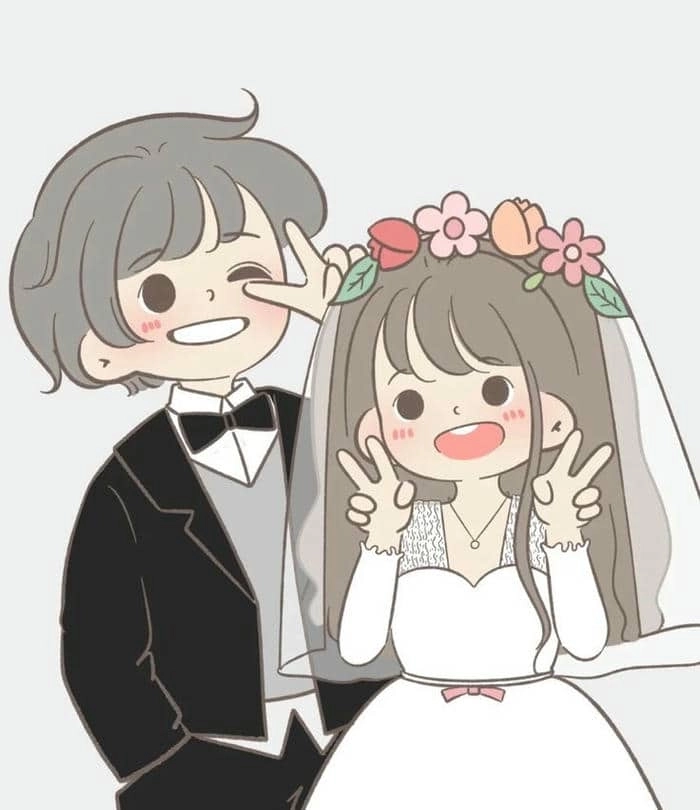 Hình cô dâu chú rể chibi lung linh cho bộ ảnh cưới hoạt hình