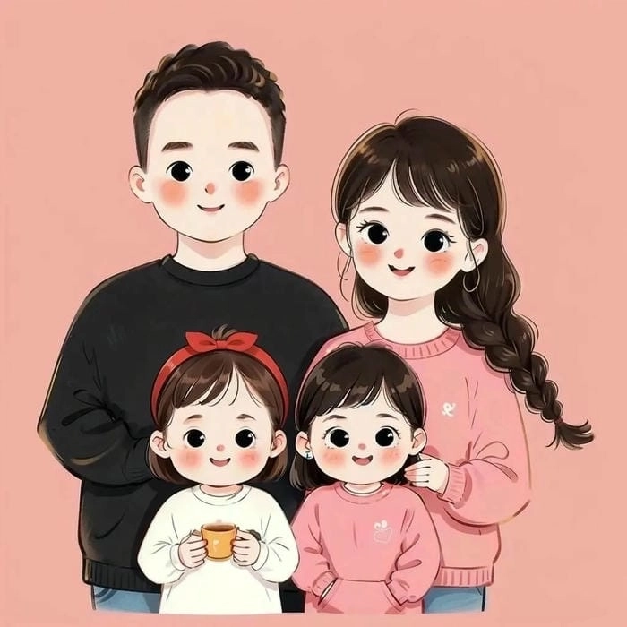 Ảnh gia đình chibi 4 người gắn kết ba mẹ và hai bé yêu