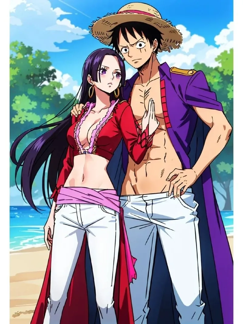 Hình Boa Hancock và Luffy mang sắc thái ngọt ngào giữa chiến tranh biển