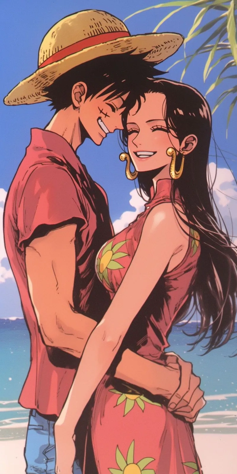 Ảnh Luffy và Boa nổi bật với phối cảnh tình cảm và bầu không khí bão tố