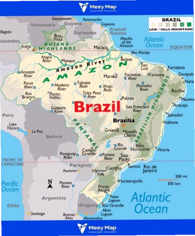 Bản đồ Brazil thể hiện vùng Amazon và các thành phố lớn