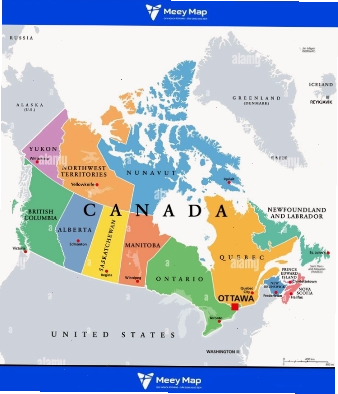 Bản đồ Canada thể hiện các tỉnh bang và vùng lãnh thổ rộng lớn