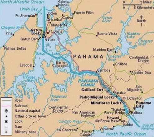 Bản đồ cho thấy vị trí chiến lược của kênh đào Panama kết nối Đại Tây Dương và Thái Bình Dương