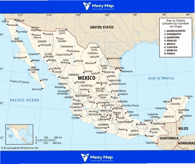 Bản đồ Mexico với các bang và các di tích lịch sử quan trọng