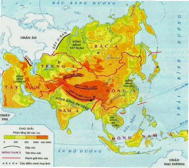 Bản đồ minh họa vị trí địa lý châu Á và các đại dương tiếp giáp