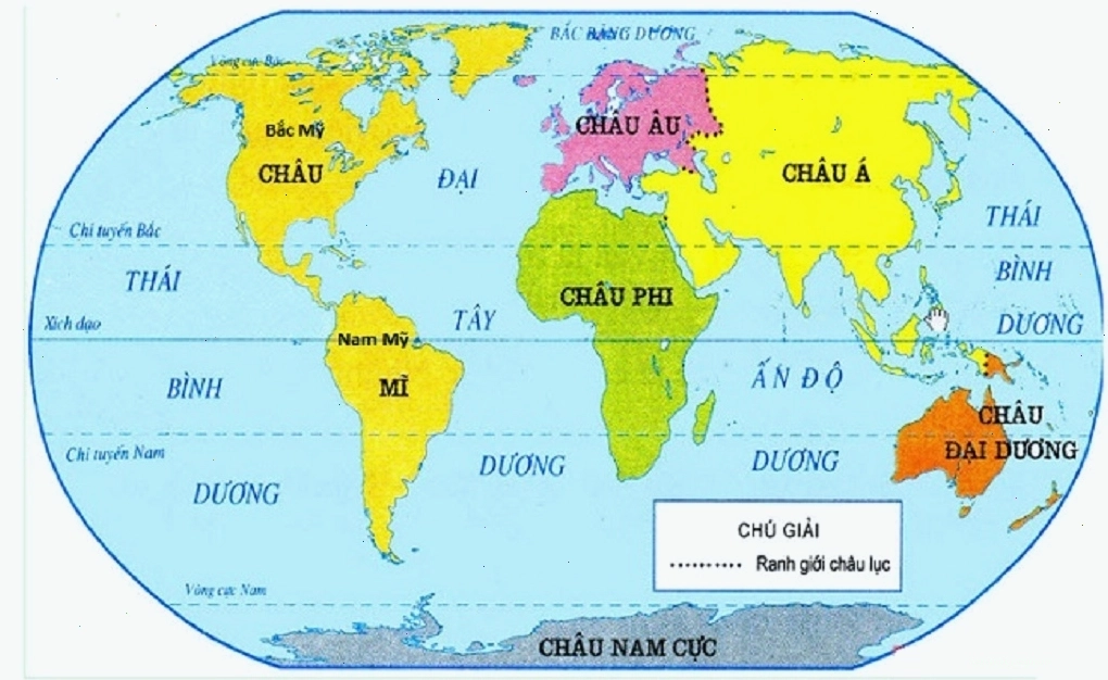 Bản đồ thế giới hiển thị các châu lục và đại dương