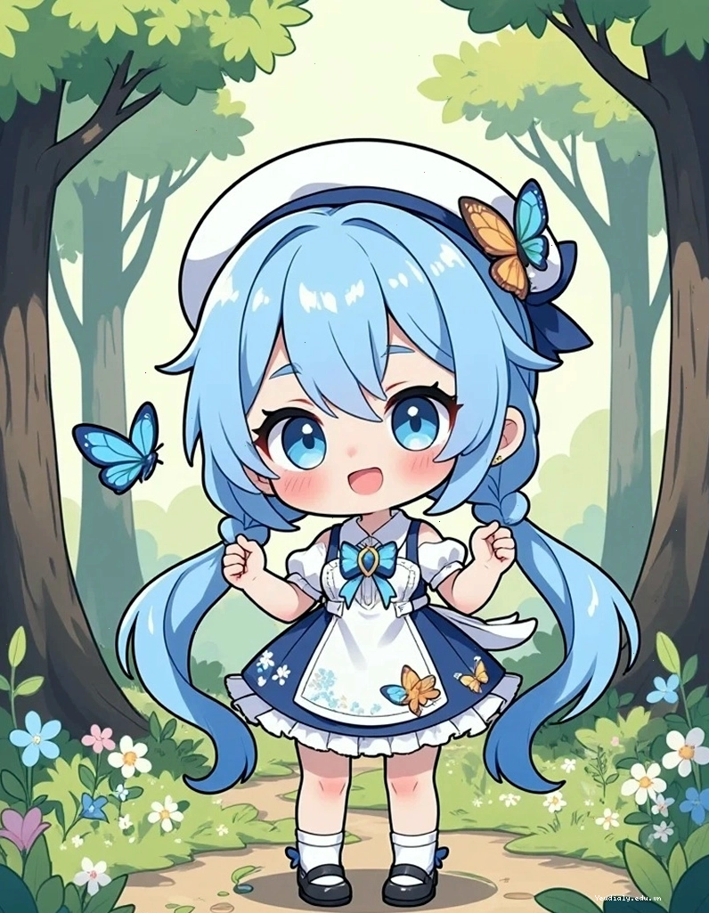Bé gái chibi đội mũ nồi, tay cầm bó hoa nhỏ