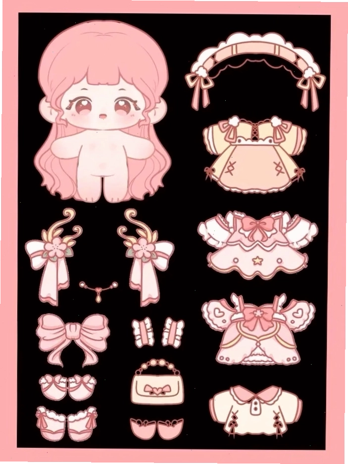 Búp bê giấy chibi cute không màu với trang phục cơ bản