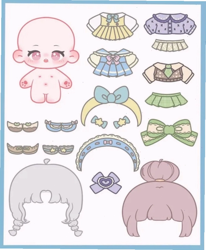 Búp bê giấy chibi kawaii với nét vẽ mềm mại và màu sắc tươi sáng