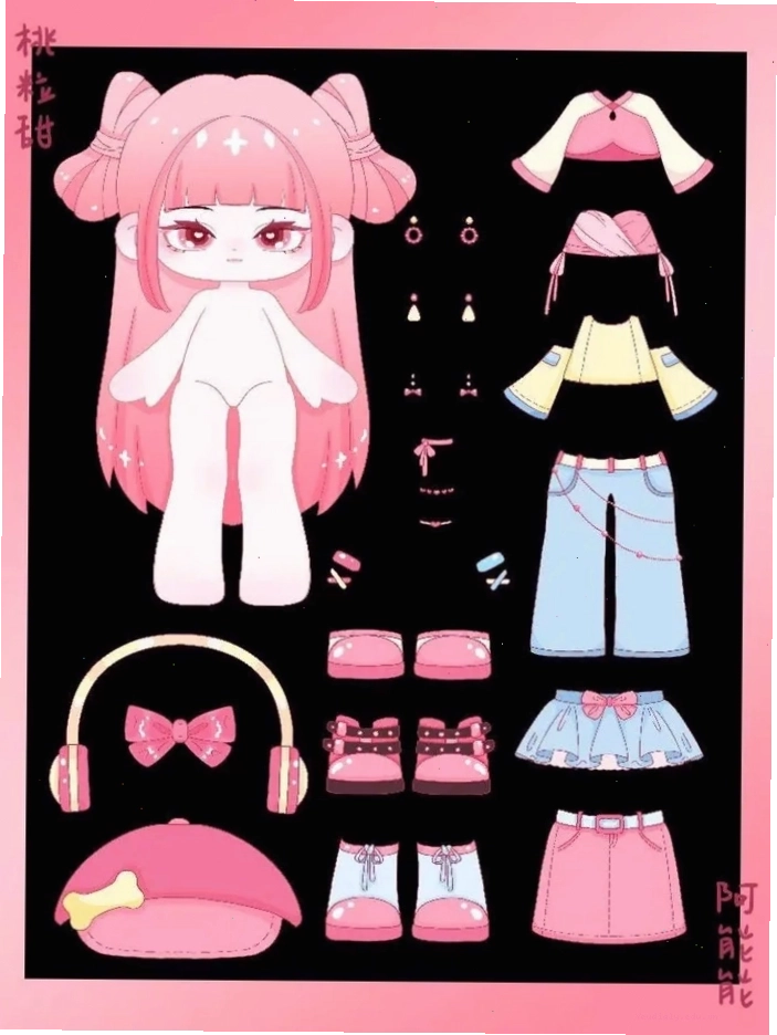 Búp bê giấy chibi không màu với các phụ kiện thay đổi trang phục