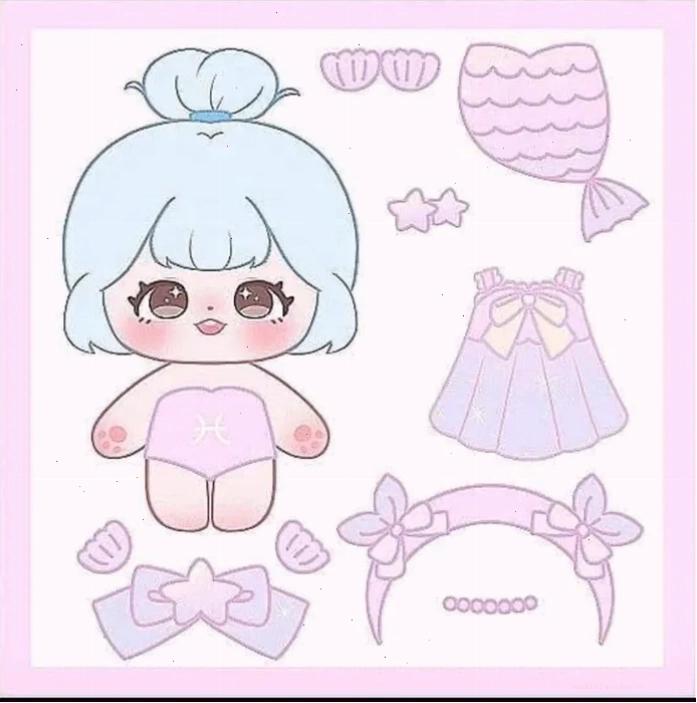 Búp bê giấy chibi không màu với khuôn mặt tròn xoe đáng yêu