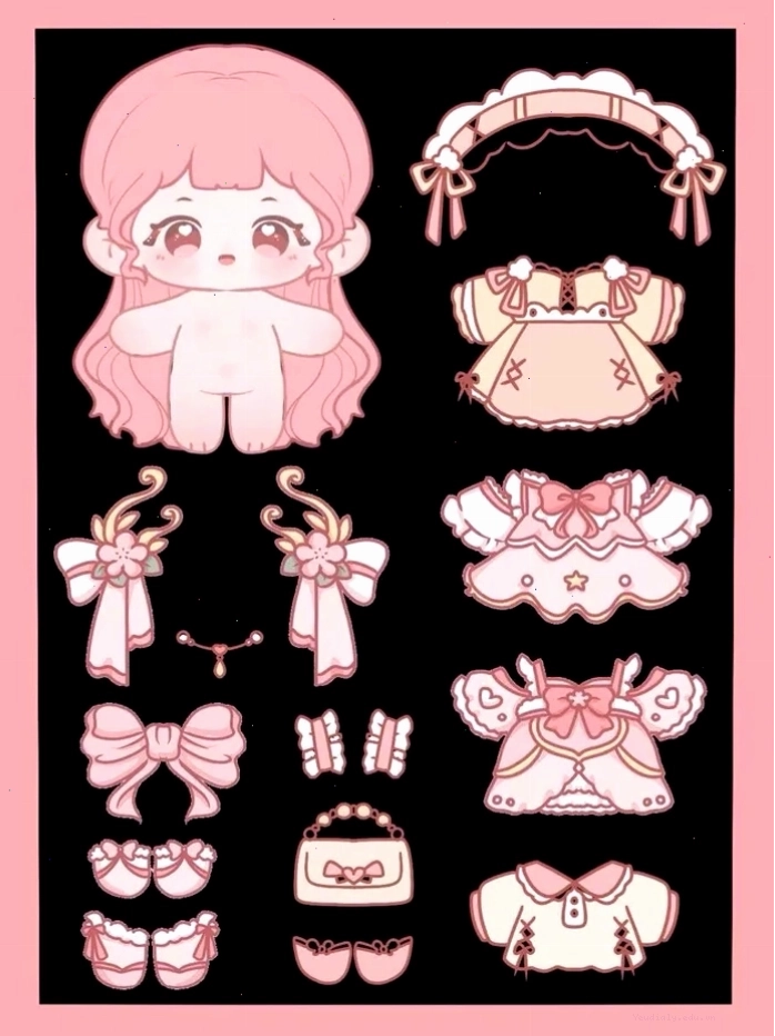 Búp bê giấy chibi phiên bản cute với trang phục màu hồng
