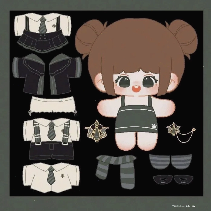 Búp bê giấy chibi với khuôn mặt tròn xoe và trang phục dễ thương