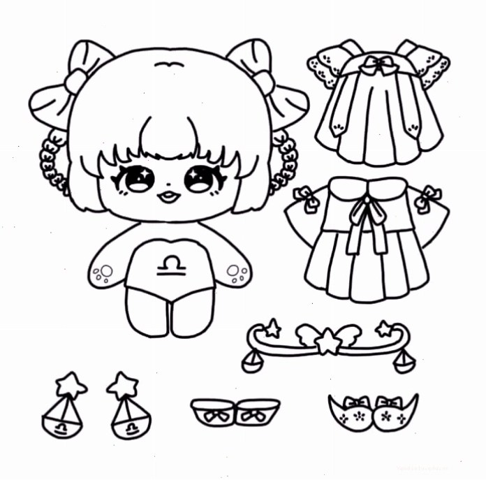 Búp bê giấy chibi với trang phục nhiều màu sắc, phù hợp cho bé tô màu
