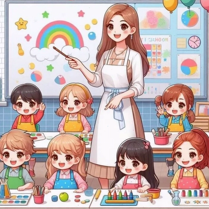 Cách vẽ cô giáo và học sinh chibi cùng nhau vui đùa