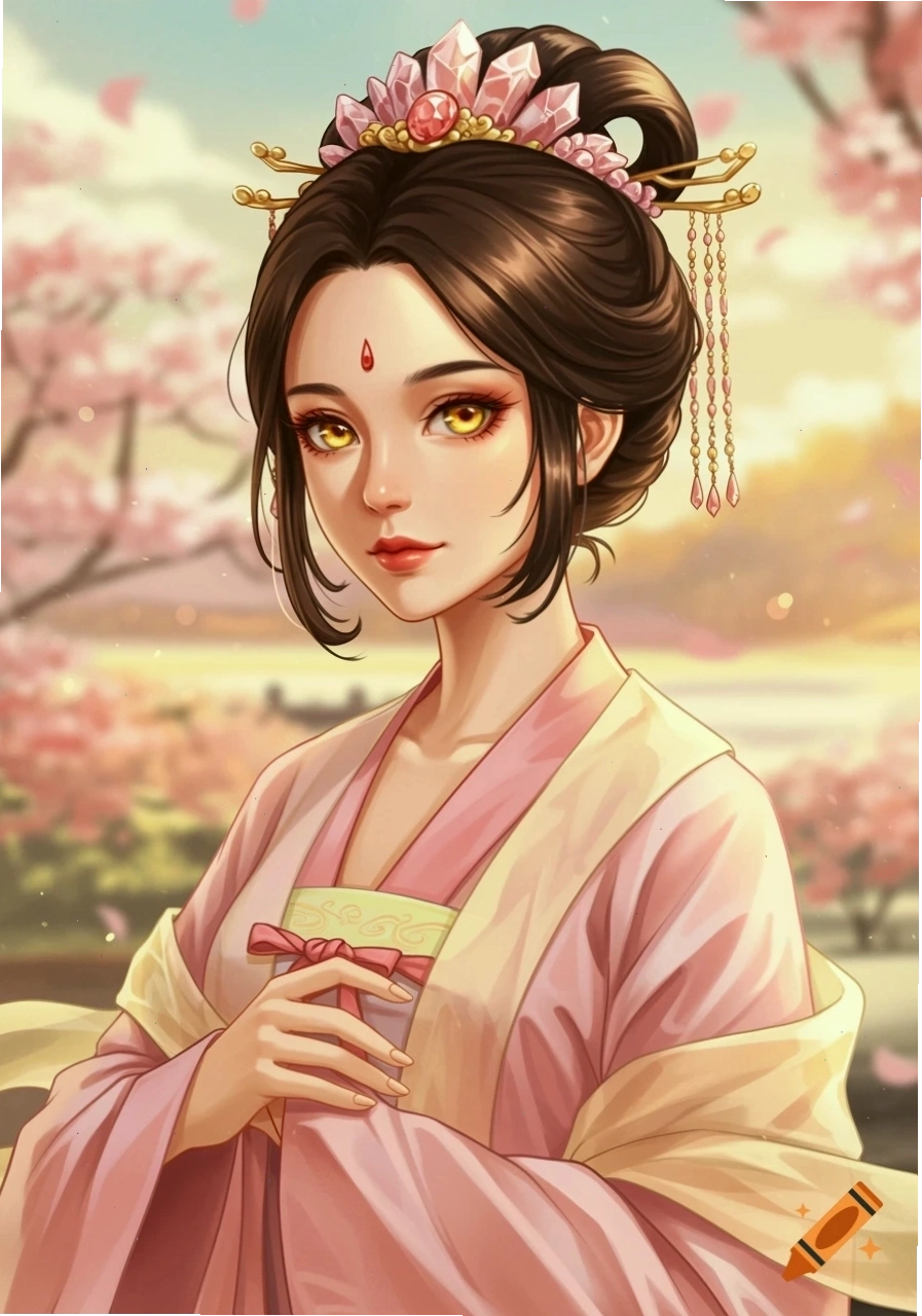 Chân dung anime người phụ nữ mặc Hanfu vàng và hồng, đội vương miện