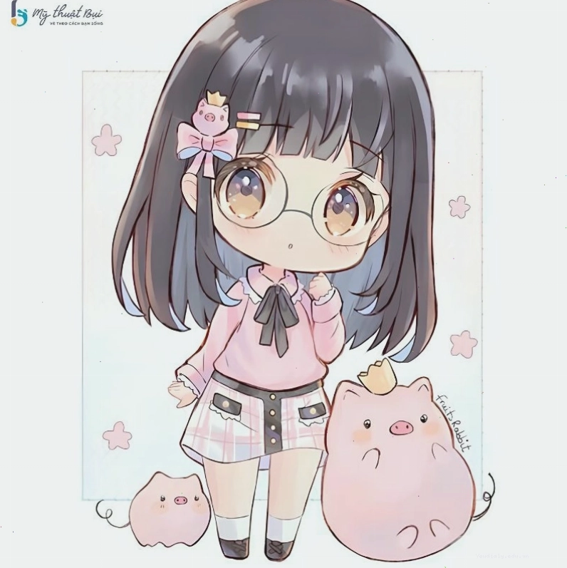 Chibi nữ với biểu cảm ngại ngùng, má hồng đáng yêu