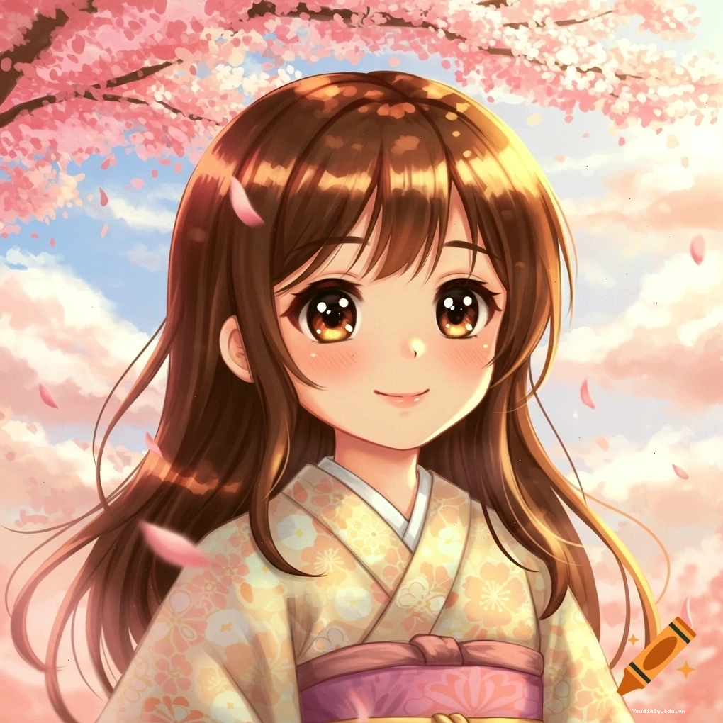 Cô gái anime dễ thương với đôi mắt to tròn, mặc kimono họa tiết, mỉm cười dưới hoa anh đào