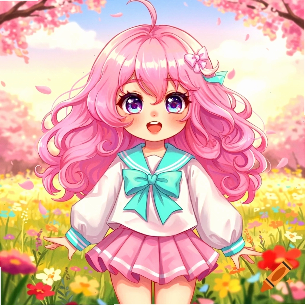 Cô gái anime tóc hồng xoăn vui vẻ mặc đồng phục thủy thủ đứng trong cánh đồng hoa