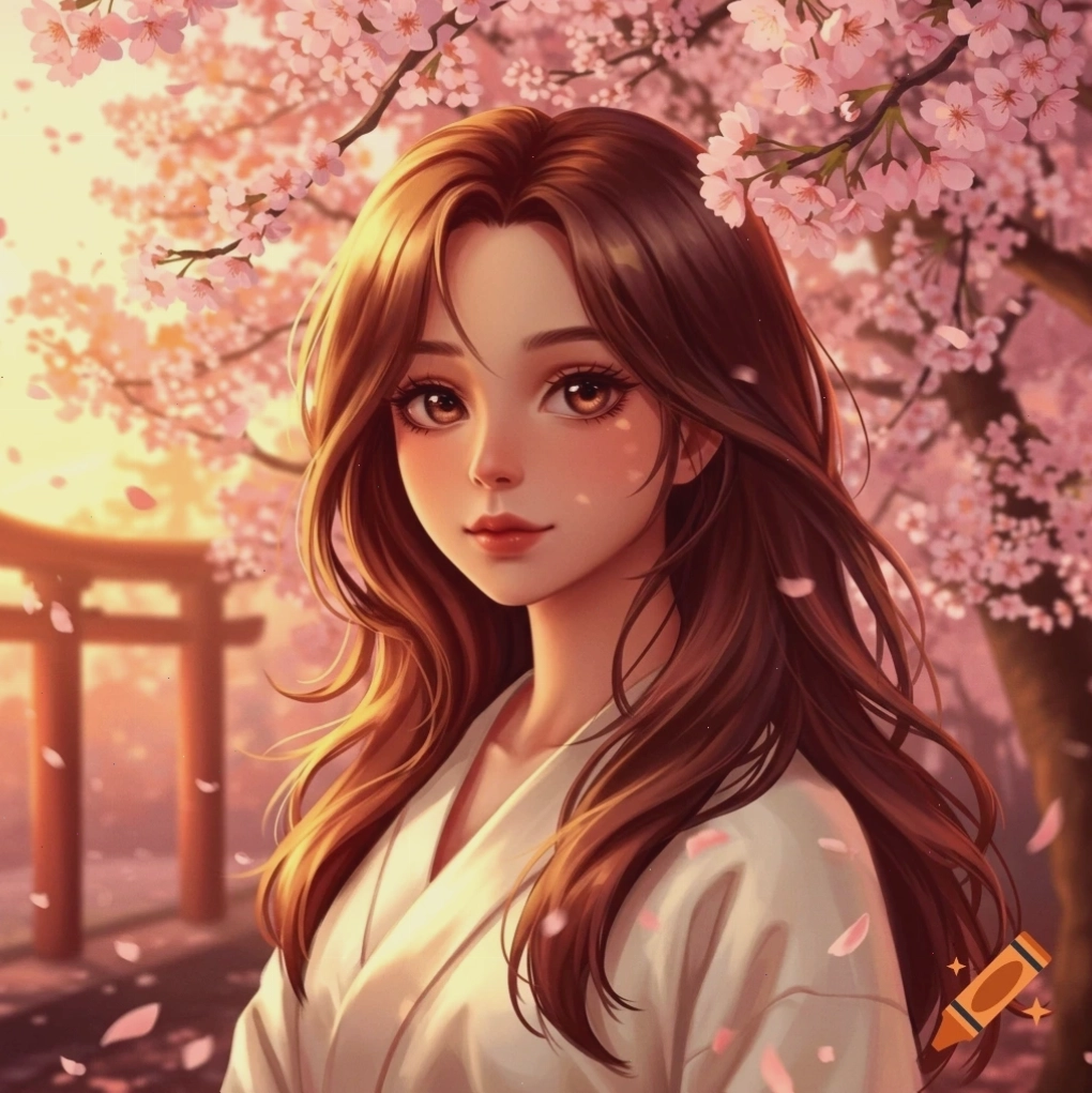 Cô gái anime tóc nâu dài mặc kimono trắng dưới cây anh đào có cổng Torii lúc hoàng hôn