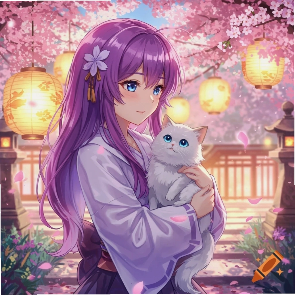 Cô gái anime tóc tím ôm mèo trắng, xung quanh là hoa anh đào và đèn lồng