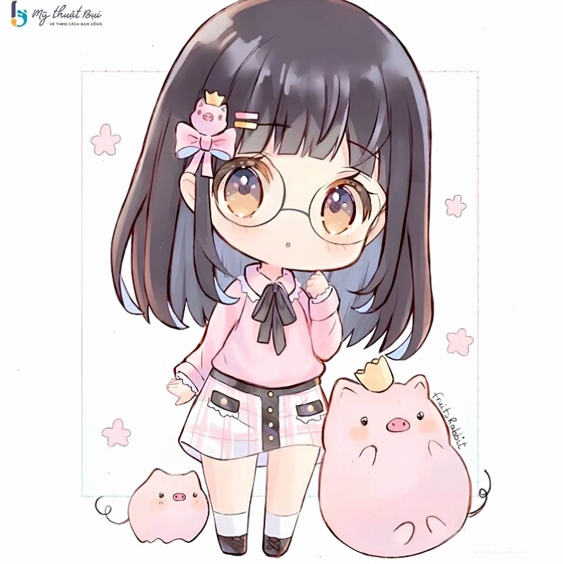 Cô gái chibi anime với mái tóc dài và trang phục váy điệu đà