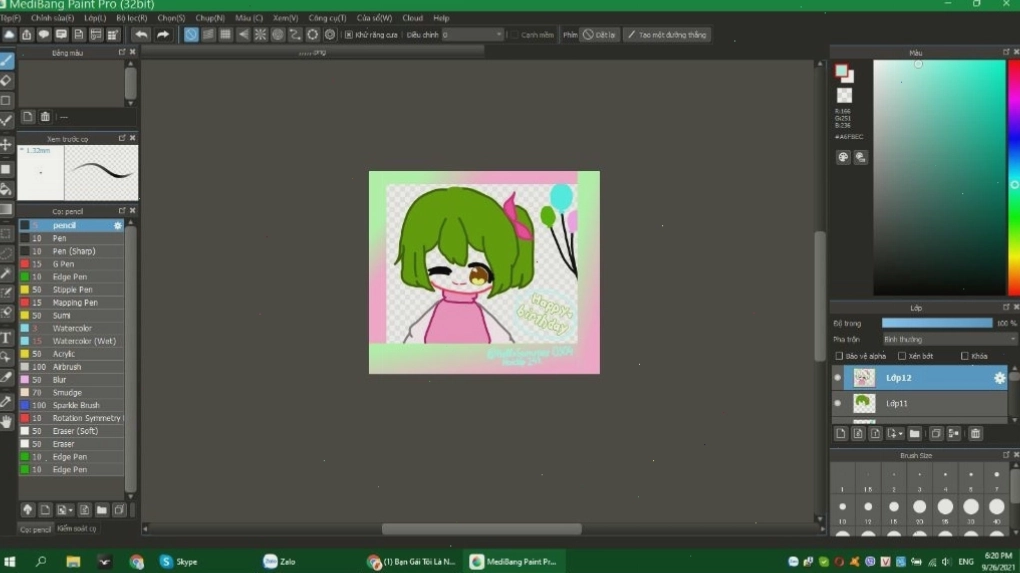 Cô gái chibi cầm bó hoa và bánh sinh nhật