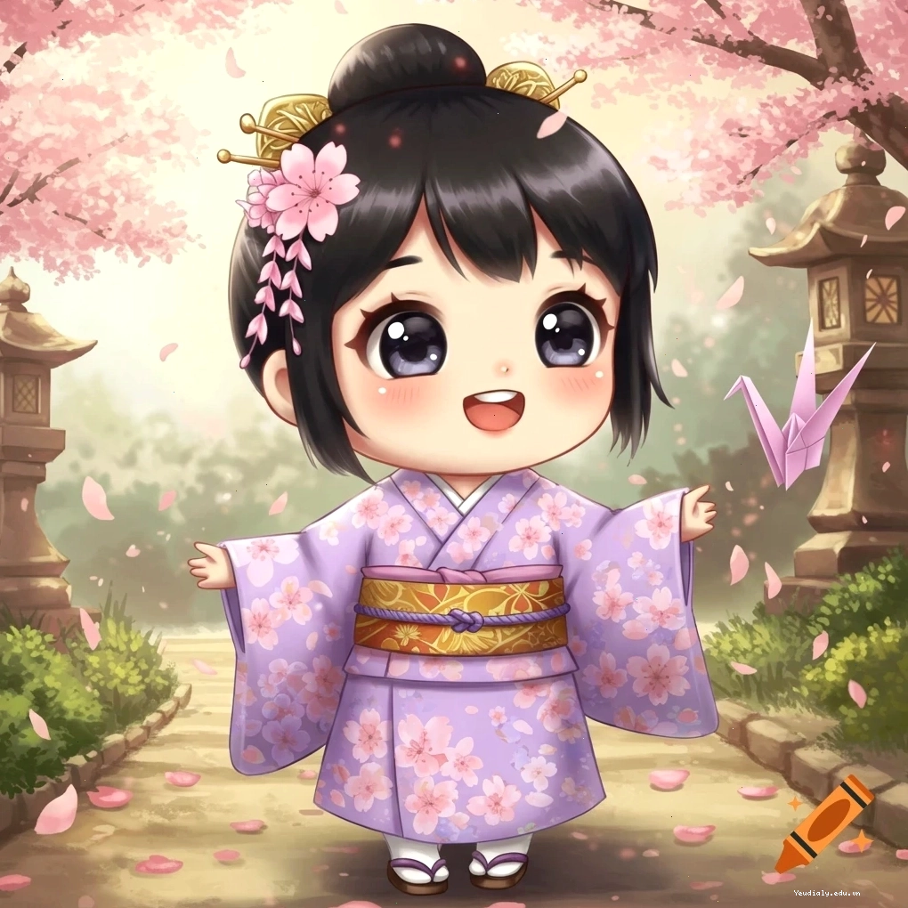 Cô gái Chibi dễ thương mặc áo dài tím với vườn hoa anh đào và đèn lồng