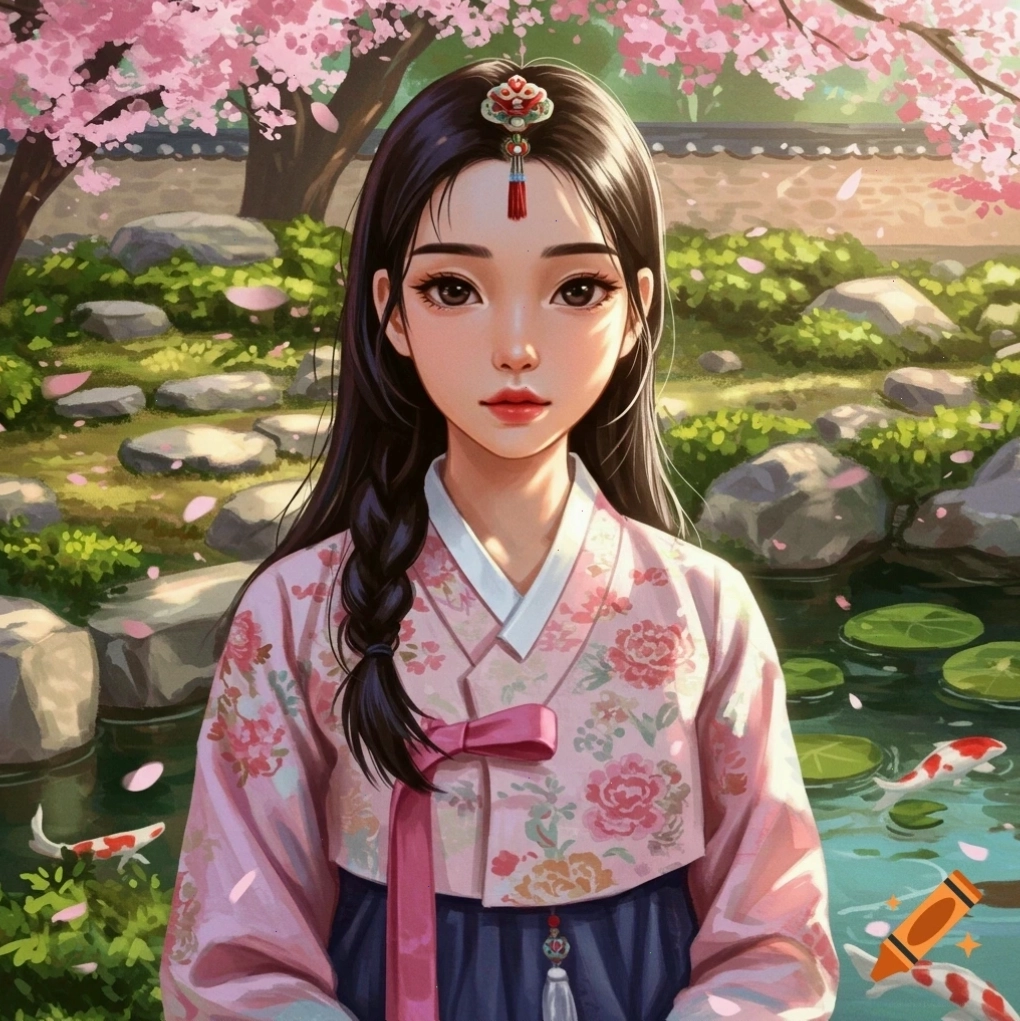 Cô gái Hàn Quốc cách điệu mặc Hanbok hoa hồng đứng trong vườn hoa anh đào có ao cá Koi