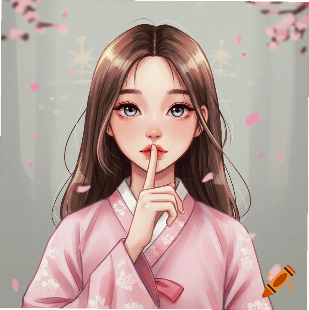 Cô gái hoạt hình mặc Hanbok hồng có hoa văn, ngón tay đặt lên môi ra hiệu im lặng