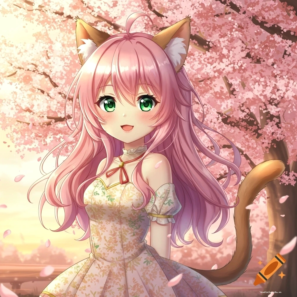 Cô gái mèo anime tóc hồng dài, mắt xanh, mặc váy hoa dưới cây anh đào