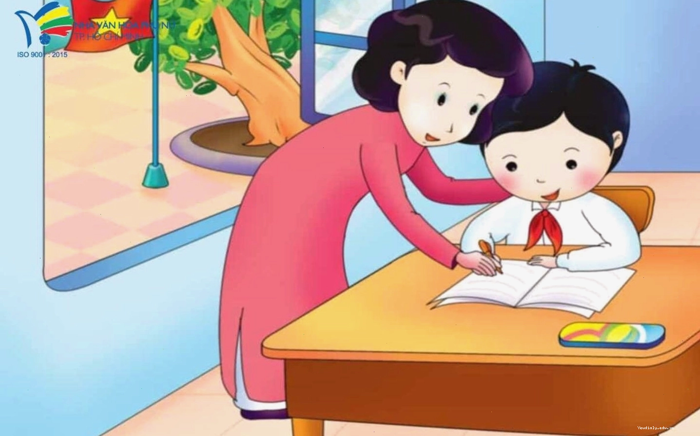 Cô giáo chibi ân cần giảng bài cho học sinh