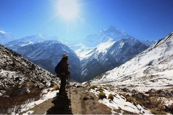 Dãy núi Himalaya dưới ánh mặt trời, một hình ảnh tương tự về vẻ đẹp hùng vĩ của núi non