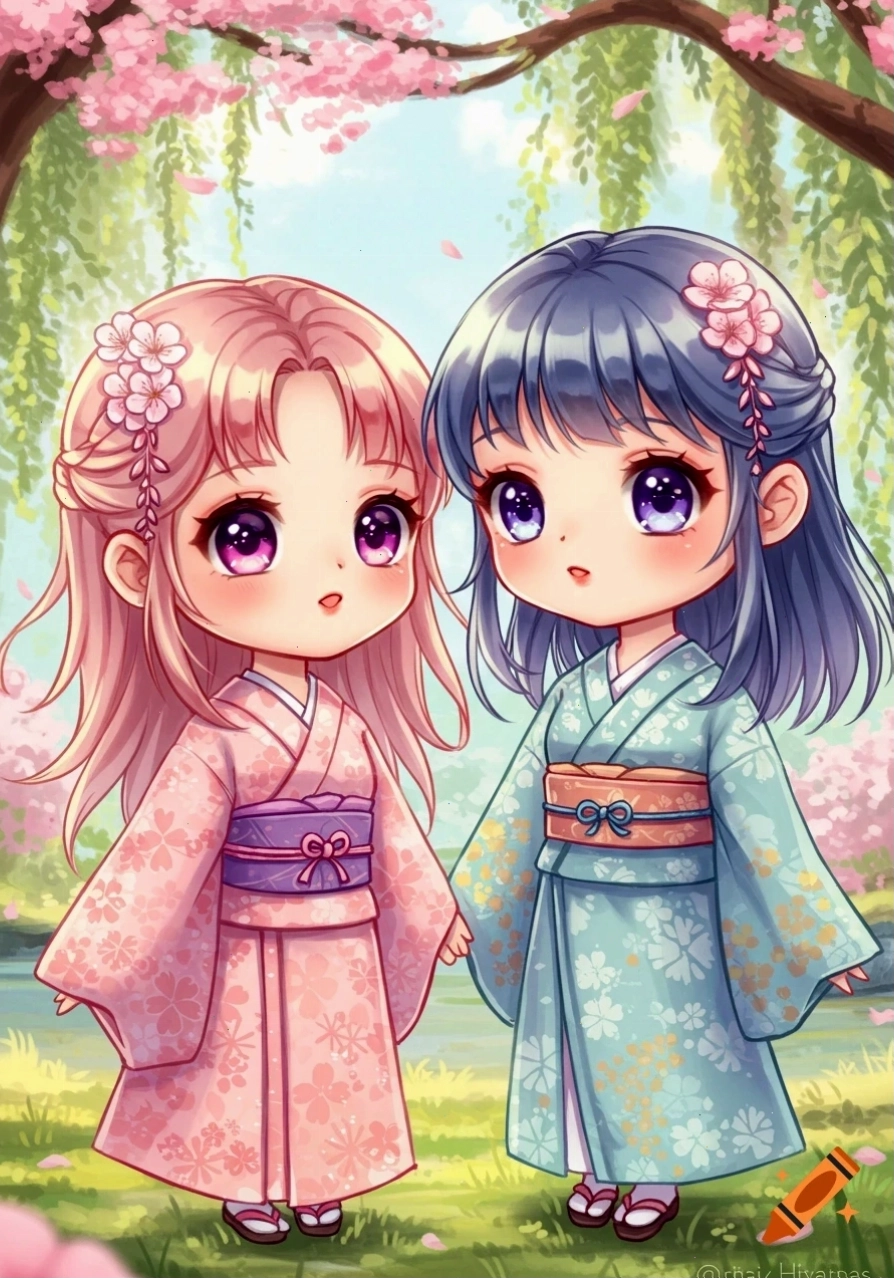 Hai cô gái Chibi anime dễ thương mặc kimono hồng và xanh dưới cây hoa anh đào