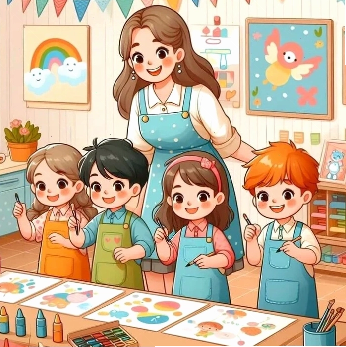Hình ảnh cô giáo chibi đang giảng bài bên bảng đen