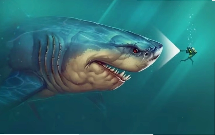 Hình ảnh minh họa về cá mập khổng lồ Megalodon dưới đáy đại dương