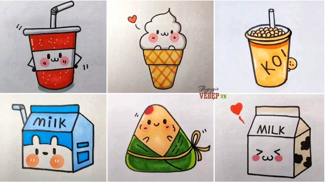 Hình vẽ cô gái cute theo phong cách chibi đang thưởng thức đồ uống