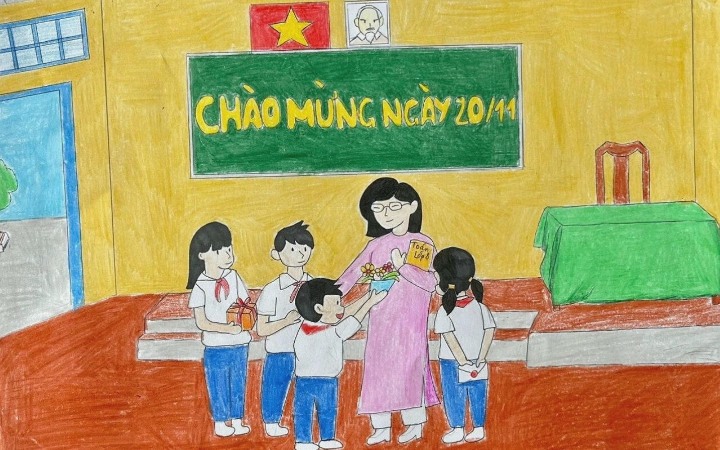 Học sinh Chibi tặng hoa cho cô giáo