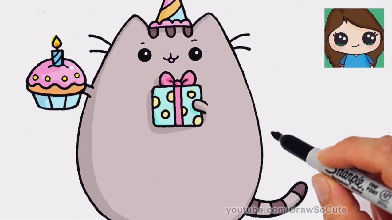 Hướng dẫn vẽ Pusheen Cat chibi mừng sinh nhật