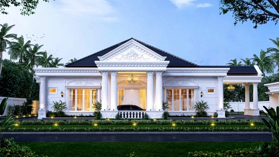 Mẫu biệt thự 1 tầng tân cổ điển với bố cục hình khối cân đối