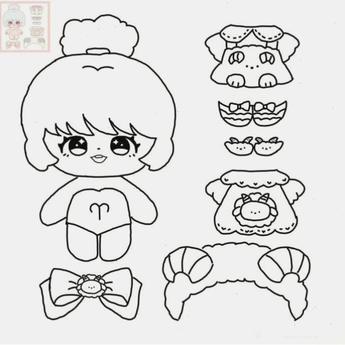 Mẫu tranh tô màu paper doll búp bê giấy nhiều trang phục đi kèm