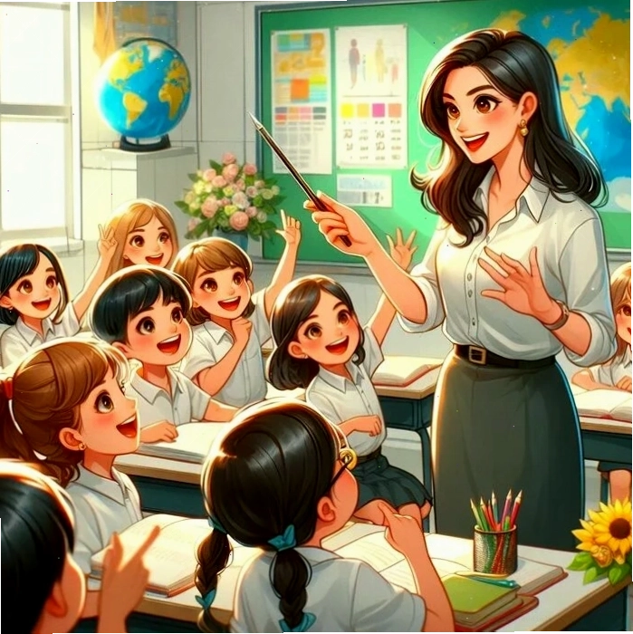 Minh họa cô giáo chibi đang hướng dẫn học sinh làm bài tập