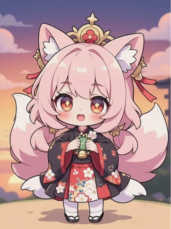 Một cô gái chibi dễ thương với mái tóc bồng bềnh và nụ cười tươi tắn