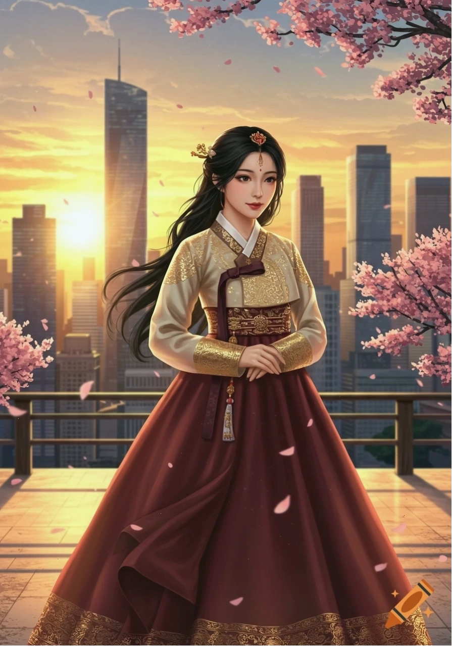 Người phụ nữ châu Á xinh đẹp mặc Hanbok vàng và đỏ trên ban công thành phố lúc hoàng hôn