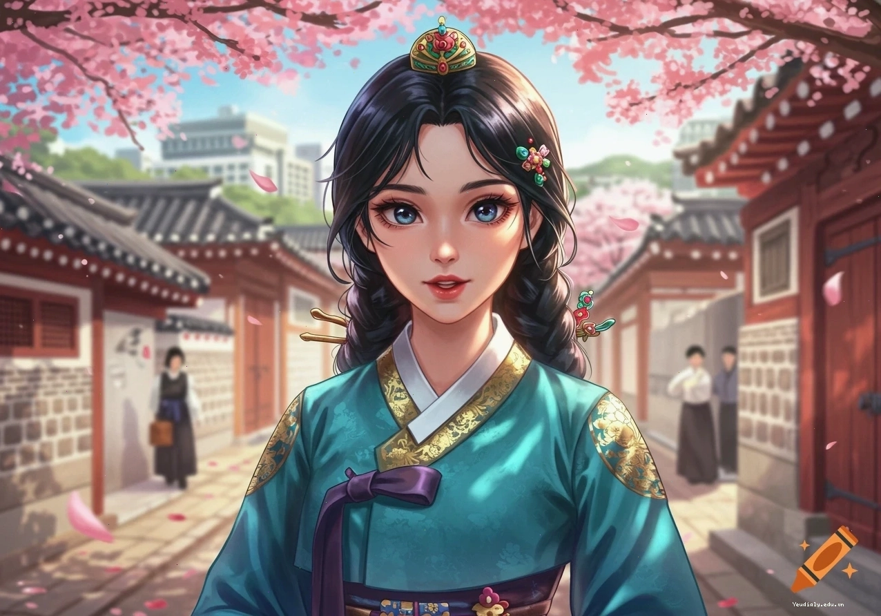 Người phụ nữ phong cách anime mặc Hanbok xanh mòng két đứng trong làng Hàn Quốc truyền thống