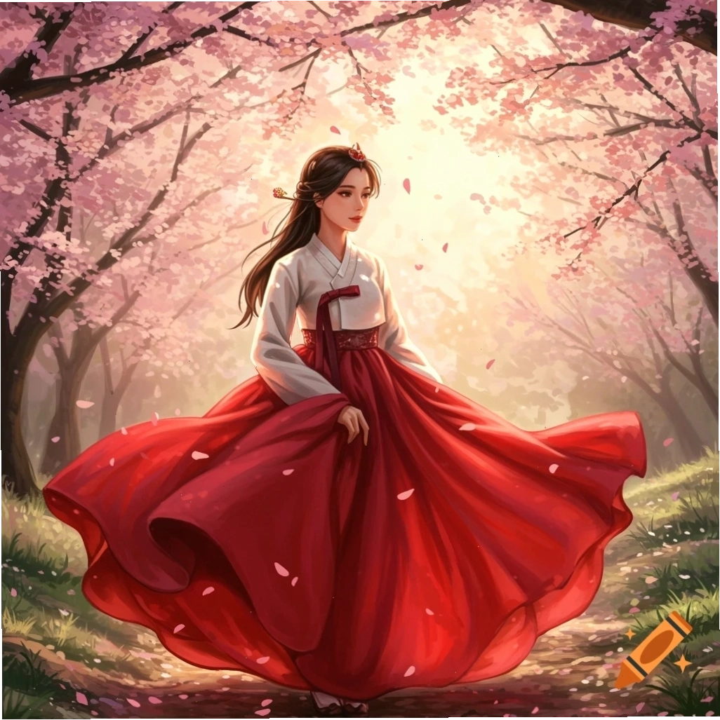 Người phụ nữ trẻ mặc Hanbok đỏ và trắng đứng trong rừng hoa anh đào với cánh hoa rơi