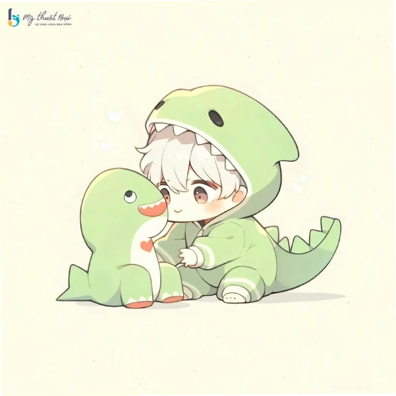 Nhân vật chibi nam dễ thương với mái tóc xanh
