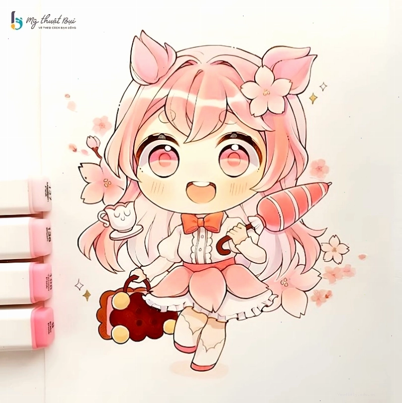 Nhân vật chibi nữ đang cầm một món đồ chơi dễ thương