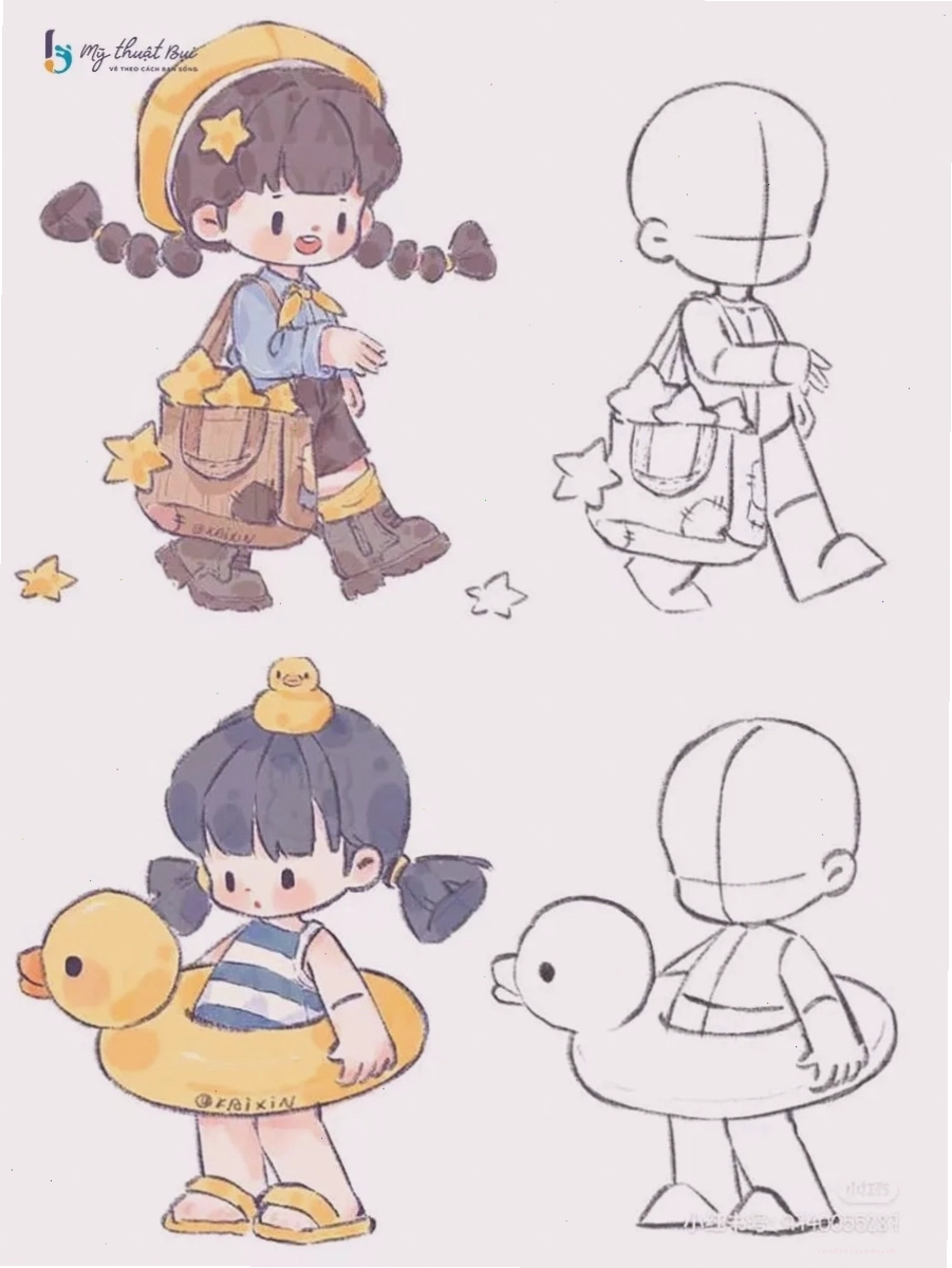 Nhân vật Chibi nữ được tô màu hoàn chỉnh
